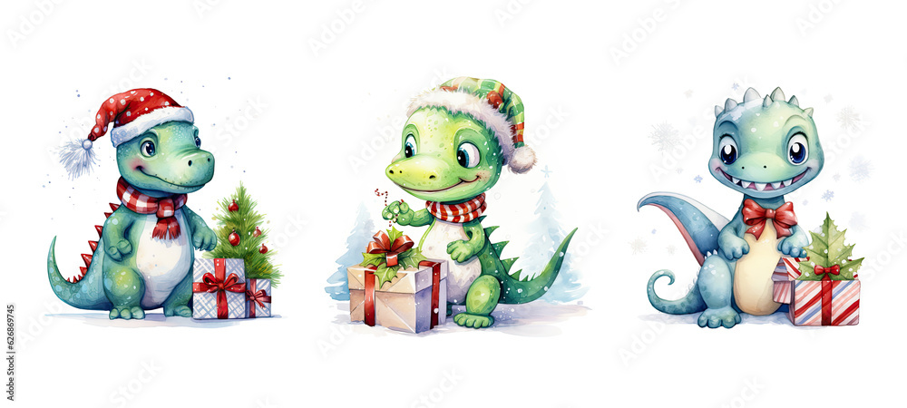 saur cute dino with christmas gift watercolor ai generated