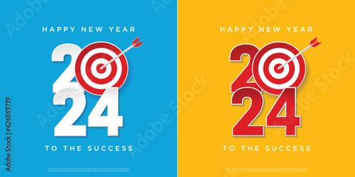 Happy New Year 2024 concept. Greeting card and round target with arrow. New goals for 2024 year success. set of 2024 square background.