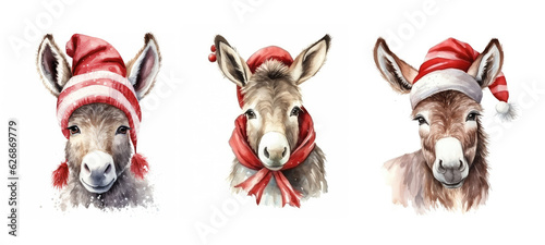 Print op canvas funny cute donkey in christmas cloth watercolor ai generated