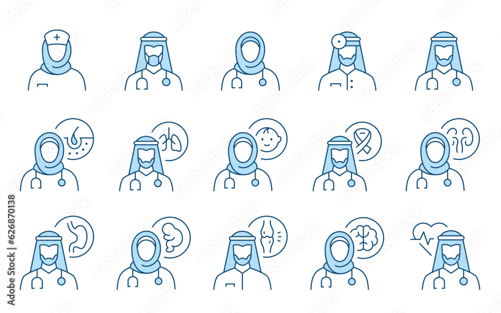 Arabian muslim doctor flat line icons. Editable Stroke. Change to any size and any colour. Arabian muslim doctor flat line icons. Editable Stroke. Change to any size and any colour.