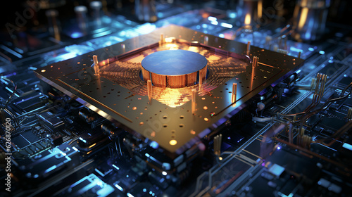 Image showcasing a cutting-edge quantum computer in a sophisticated laboratory setting with stunning architecture of the quantum processor. Computing power concept.