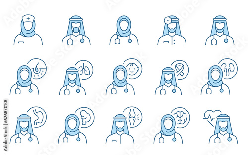 Arabian muslim doctor flat line icons. Editable Stroke. Change to any size and any colour.