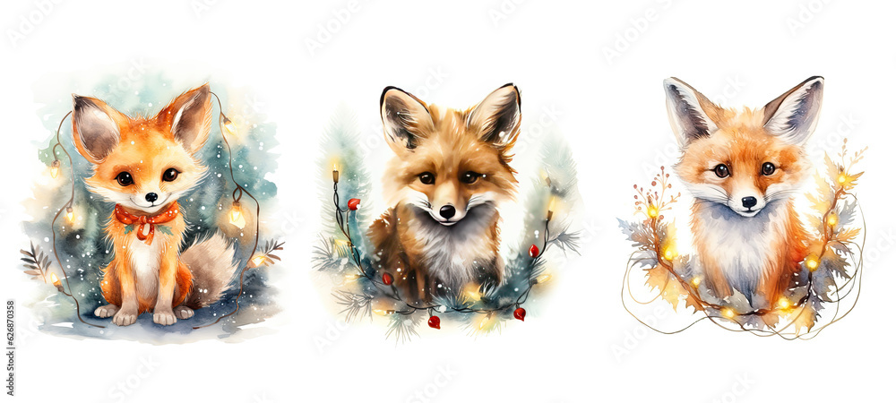 merry cute fox in christmas lights watercolor ai generated