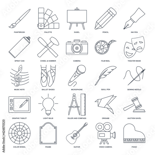 Art icon set, Design and drawing symbols collection, logo illustrations, art and entertainment signs pictograms package isolated vector illustration