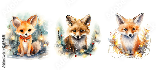merry cute fox in christmas lights watercolor ai generated