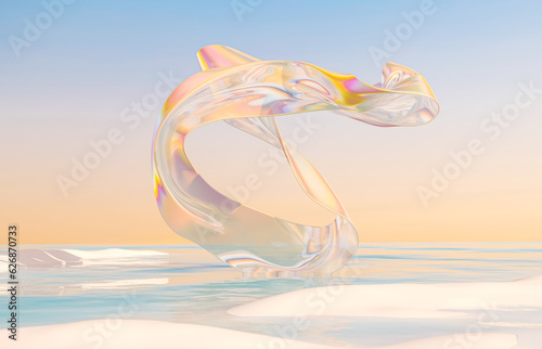 Fototapeta Naklejka Na Ścianę i Meble -  Abstract winter landscape scene with holographic iridescent glossy cloth. 3d rendering
