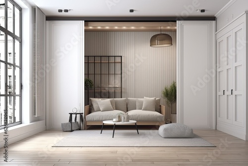 Interior of a loft living room with a built in wardrobe, a wooden floor, and white walls. a cozy couch close to the window. a mockup. Generative AI