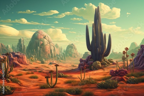 Surreal landscape of a desert with giant cactus. Beautiful illustration picture. Generative AI