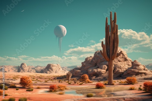 Surreal landscape of a desert with giant cactus. Beautiful illustration picture. Generative AI