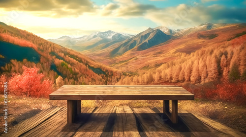 Wooden bench and view of the autumn mountains, generative AI.