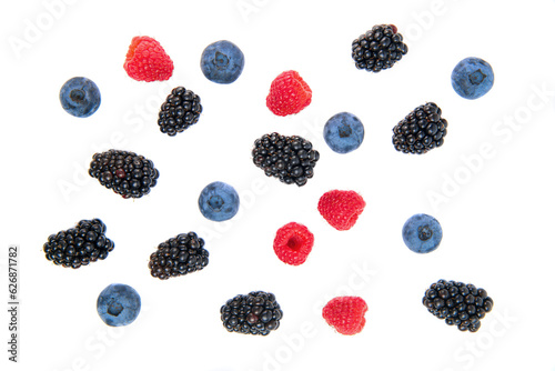 Mix of sweet fresh blackberry blueberry raspberry isolated on white background.