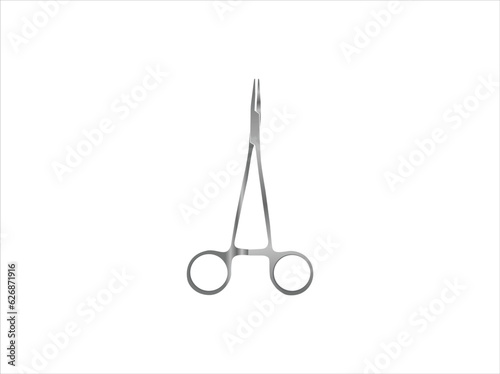 Set of surgical instruments. Scalpel, Liston's amputation knife, straight scissors, clamp mosquito with clasp, anatomical tweezers, Folkmann's serrated hook, Meyer’s forceps, Isolated objects. Vector