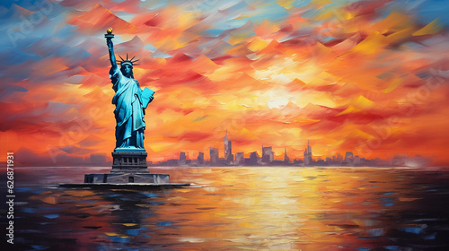 The Statue of Liberty  impressionistic style  vibrant pastel colors  a dreamy sunset backdrop  reflective water surface  symbol of hope and freedom  panoramic view