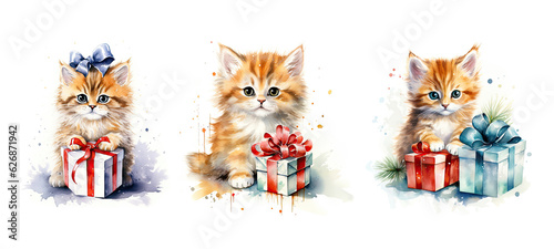 cat cute kitty with christmas gift watercolor ai generated