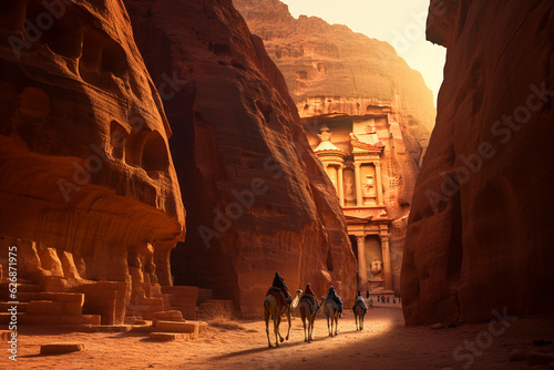 Petra, The Treasury, sharp contrast, soft light through the canyon, camel in the foreground