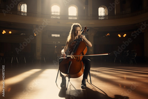 Fototapeta Female cellist practicing in an empty concert hall, her passion visible in her c
