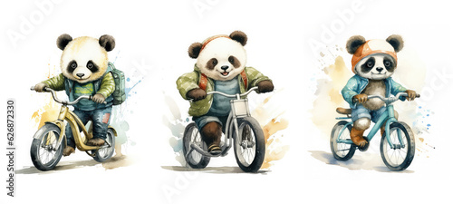 happy cute panda on bike watercolor ai generated