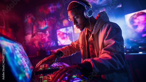 Young hip - hop producer making beats, headphones around his neck, illuminated MPC pads under skilled fingers, energetic mood, colorful background