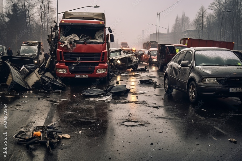 Accident with several cars and truck collided. Beautiful illustration picture. Generative AI