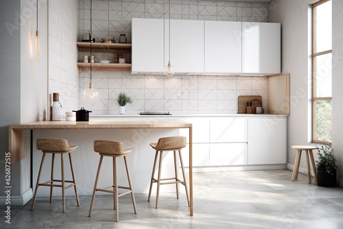 Interior of a light kitchen with a cooker, tile floor, table, bar stools, and a wall of empty, white space. Scandinavian minimalism design idea. a mockup. Generative AI