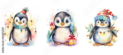 wter cute penguin in christmas lights watercolor ai generated