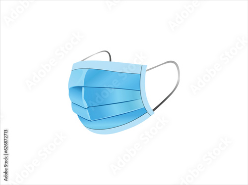 Surgical face mask, vector illustration. Blue medical protective masks, from different angles isolated on white. Corona virus protection mask with ear loop, in a front, three-quarters, and side views.