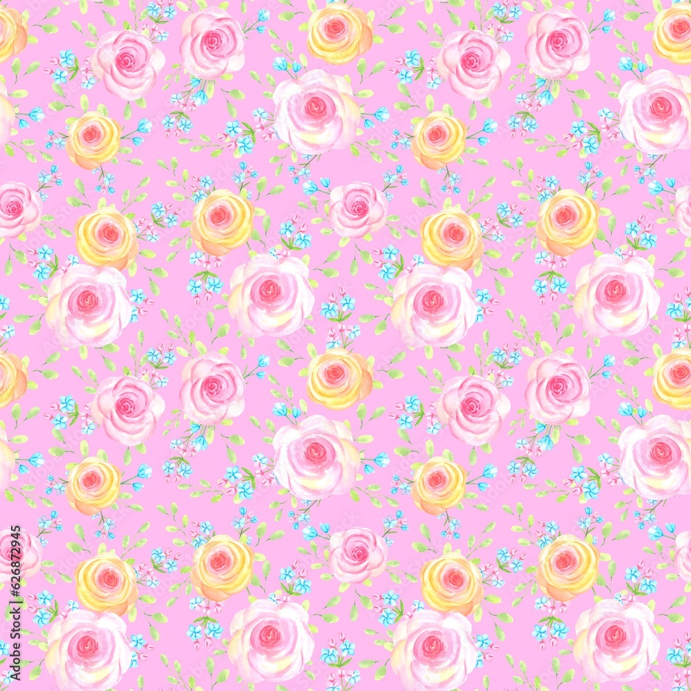 Floral seamless pattern with pink and yellow roses on a pink background, watercolor