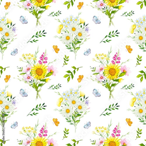 Hand drawn floral pattern with watercolor meadow flowers