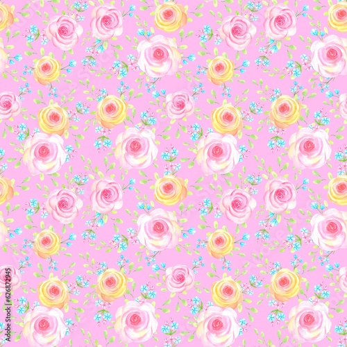 Floral seamless pattern with pink and yellow roses on a pink background, watercolor