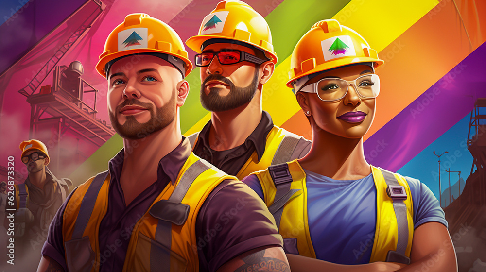 Fototapeta premium Male and female cartoon pride construction workers