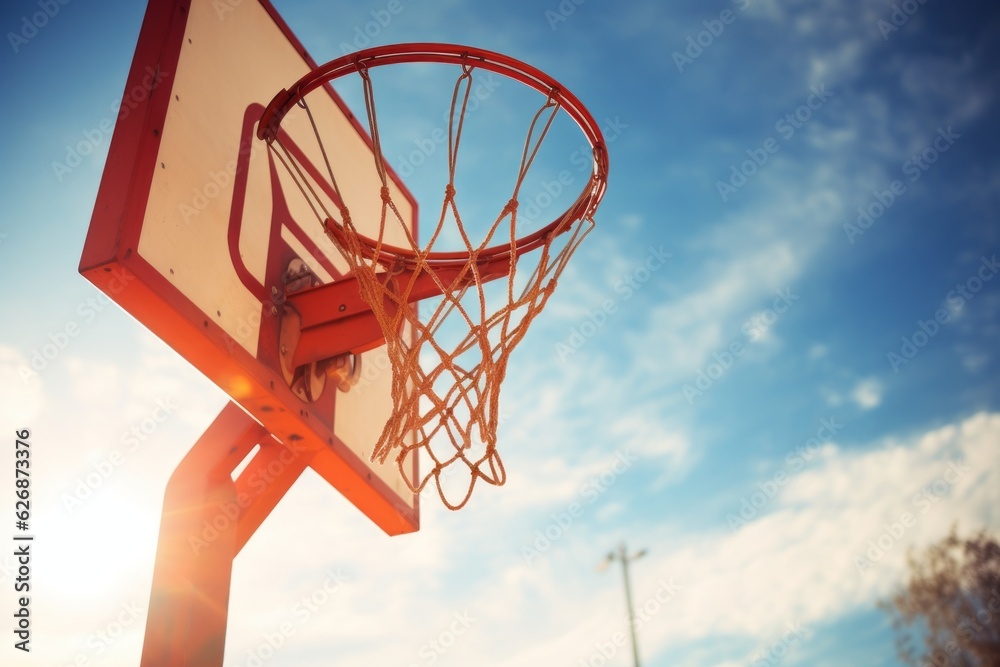 Basketball net against blue sky. Beautiful illustration picture. Generative AI