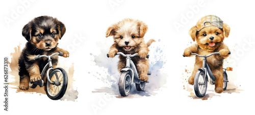 background cute puppy on bike watercolor ai generated