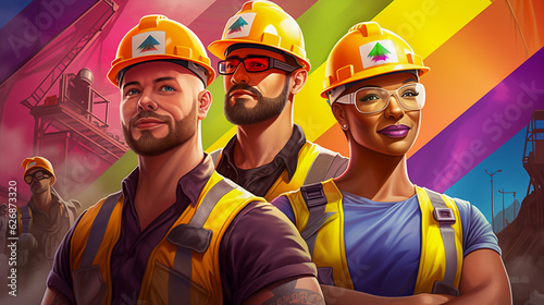Male and female cartoon pride construction workers