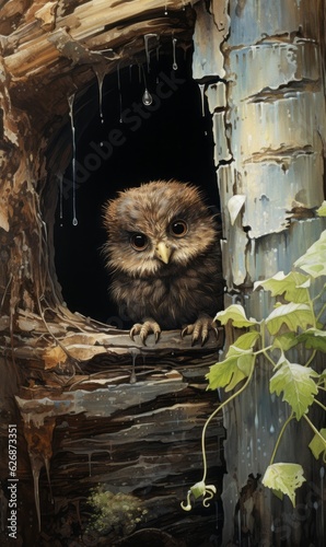 Baby owl peeking out of a hole in the tree. Beautiful illustration picture. Generative AI photo