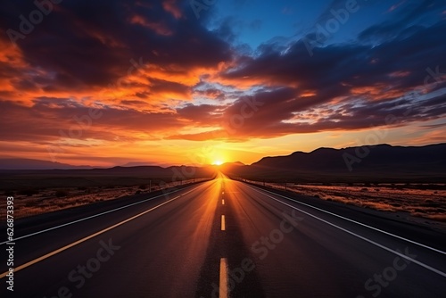Asphalt road with majestic sunset. Beautiful illustration picture. Generative AI © standret