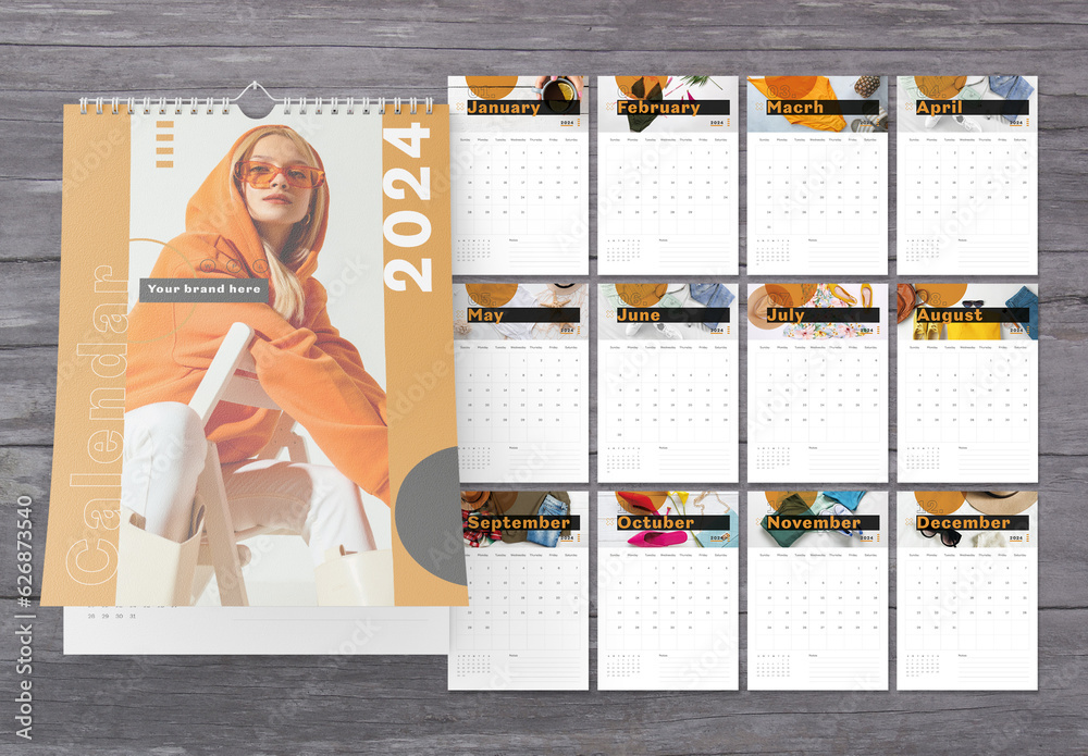 2024 Wall Calendar Layout Stock Template | Adobe Stock