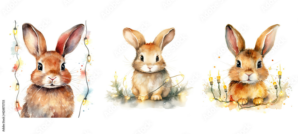 bunny cute rabbit in christmas lights watercolor ai generated