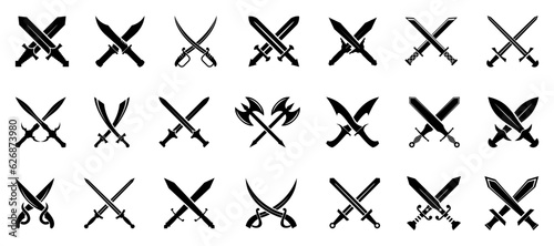 Crossing swords and battle axe collection. Ancient weapon icons. Sword and axe icons