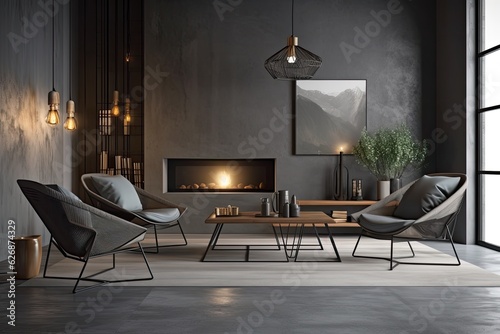 Interior of a dark grey living room with a fireplace, three armchairs, a coffee table, a lamp, wall dividers, and a concrete floor. contemporary minimalist design idea. Generative AI