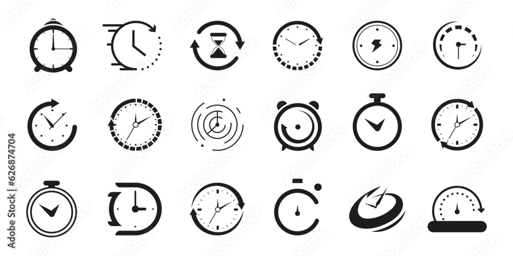 Set of black clock, stopwatch, timer, watch icon. Black clock icon collection - obrazy, fototapety, plakaty 