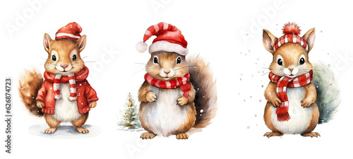 character cute squirrel in christmas cloth watercolor ai generated