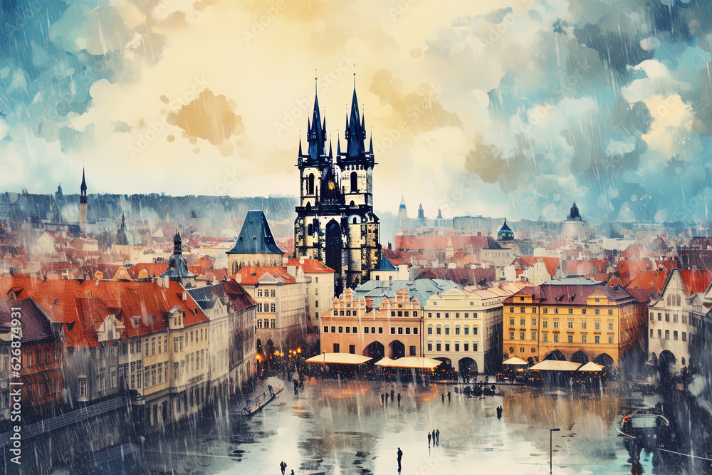 Prague, Czech Republic. Painting postcard AI generated with Stare Mesto, square with dramatic sky, rainy day.