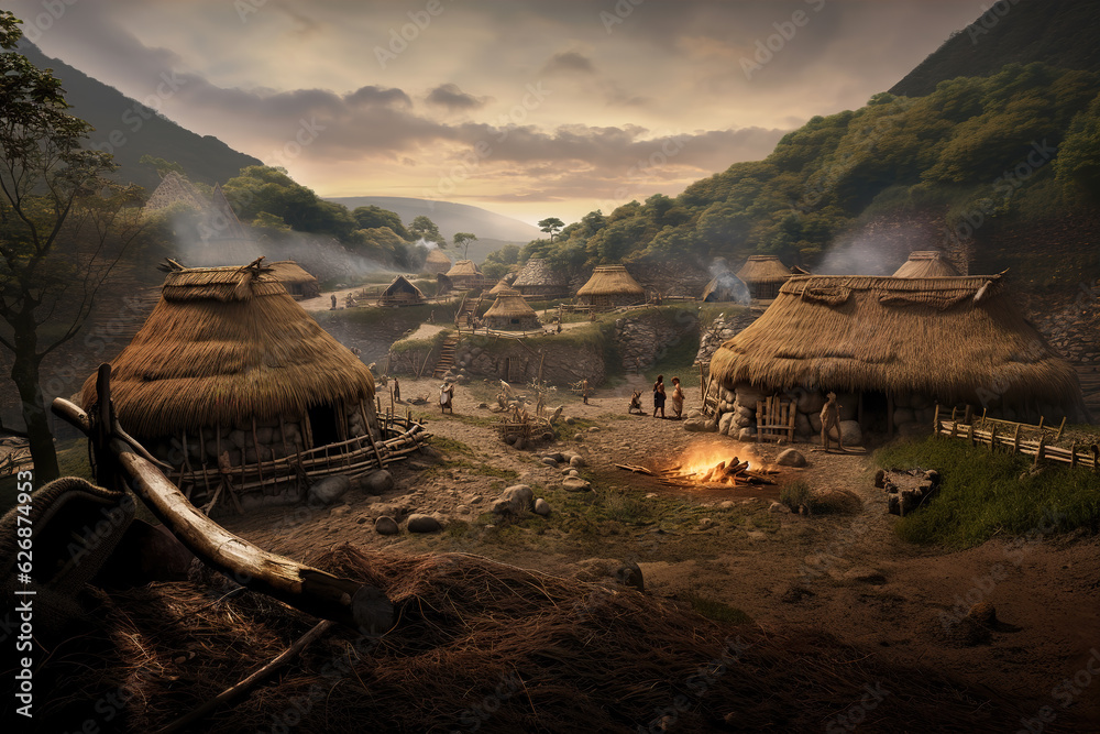 Prehistoric human settlement with people living there, AI generated illustration. - obrazy, fototapety, plakaty 