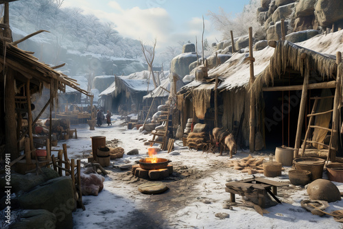 Ice Age frozen settlement with prehistoric people living there, AI generated illustration.