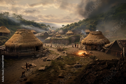 Prehistoric human settlement with people living there, AI generated illustration. photo