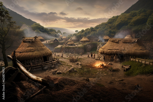 Prehistoric human settlement with people living there, AI generated illustration.