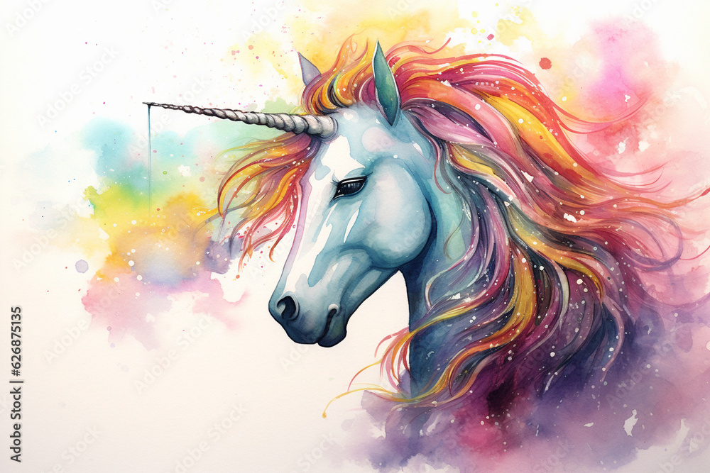 A whimsical watercolor painting of a unicorn with a rainbow mane, embodying the magical and inclusive spirit of Pride Generative AI