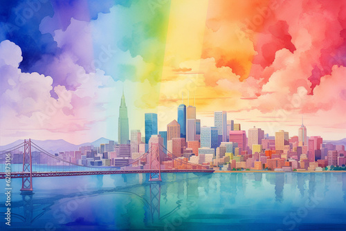 A watercolor landscape of a city skyline lit up in rainbow colors for Pride, showcasing the widespread support and visibility of the LGBTQ+ community Generative AI