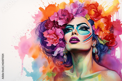 A vibrant watercolor portrait of a drag queen  celebrating the artistry and creativity of the LGBTQ  community Generative AI