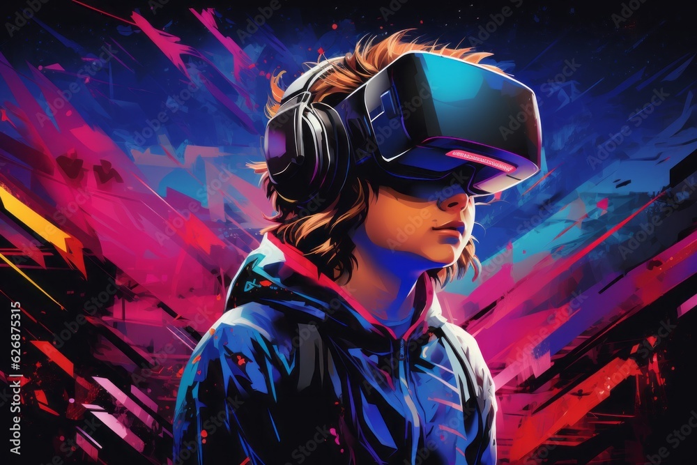 Concept of virtual reality technology, boy in glasses. Beautiful illustration picture. Generative AI Concept of virtual reality technology, boy in glasses. Beautiful illustration picture. Generative AI